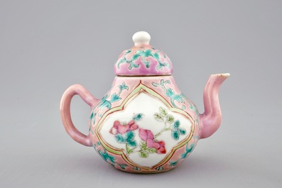 An unusual Chinese pink ground miniature teapot and cover, 19th C.