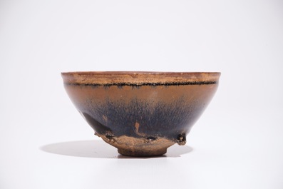 A Chinese Jian black and brown glazed hare's fur tea bowl, Song