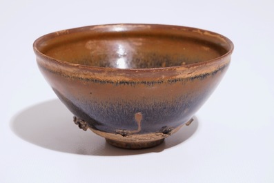 A Chinese Jian black and brown glazed hare's fur tea bowl, Song