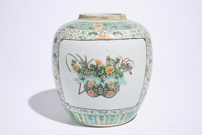 A Chinese famille verte dish and a doucai plate, Kangxi, and a ginger jar, 19th C.