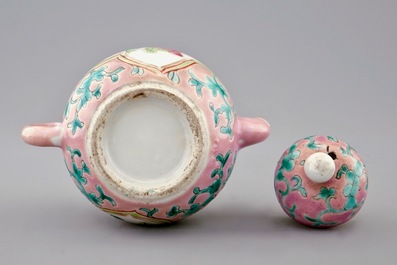 An unusual Chinese pink ground miniature teapot and cover, 19th C.