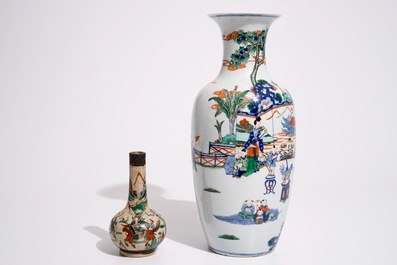 A Chinese doucai vase, Kangxi mark, with a Nanking famille rose crackle glaze vase, 19/20th C.