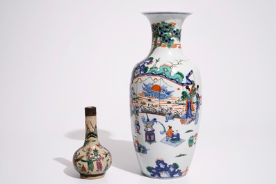 A Chinese doucai vase, Kangxi mark, with a Nanking famille rose crackle glaze vase, 19/20th C.