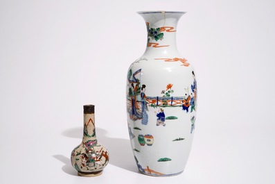 A Chinese doucai vase, Kangxi mark, with a Nanking famille rose crackle glaze vase, 19/20th C.