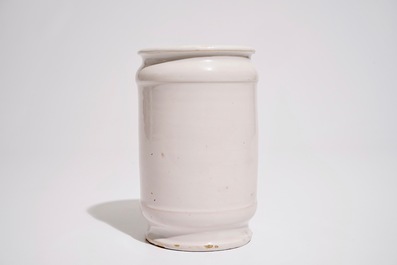 A Dutch Delft blue and white albarello-shaped pharmacy drug jar, 18th C.