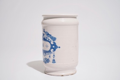 A Dutch Delft blue and white albarello-shaped pharmacy drug jar, 18th C.