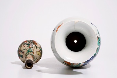 A Chinese doucai vase, Kangxi mark, with a Nanking famille rose crackle glaze vase, 19/20th C.