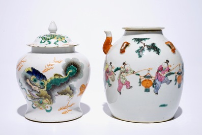 Five Chinese famille rose and verte vases, 19/20th C.