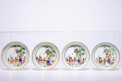 Four sets of Chinese famille rose cherrypickers cups and saucers, Qianlong