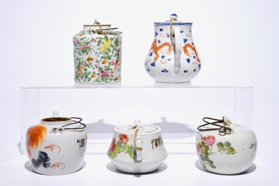 Five Chinese famille rose, iron red and qianjiang cai teapots, 19/20th C.