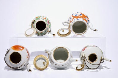 Five Chinese famille rose, iron red and qianjiang cai teapots, 19/20th C.