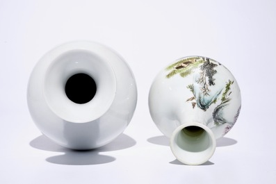 A Chinese famille rose vase with playing boys and a qianjiang cai landscape vase, 20th C