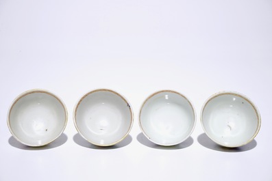 Four sets of Chinese famille rose cherrypickers cups and saucers, Qianlong