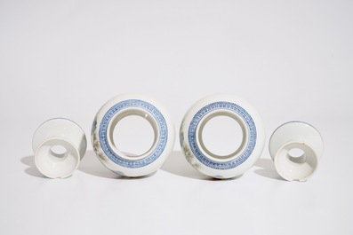 A pair of Chinese famille rose eggshell lanterns on stands, Republic, 20th C.
