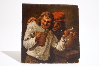 Dans le style d' Egbert Van Heemskerk II (1610-1680), "Deux buveurs avec leurs cruches en gr&egrave;s", huile sur panneau