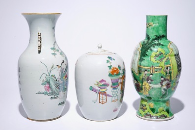 Five Chinese famille rose and verte vases, 19/20th C.