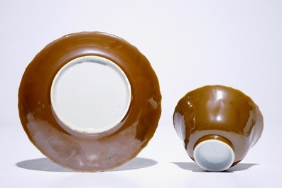 Six Chinese blue and white on capucin brown ground cups and saucers, Kangxi