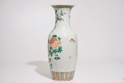 A Chinese famille rose vase with birds among peonies, 19th C.