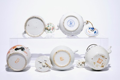 Five Chinese famille rose, iron red and qianjiang cai teapots, 19/20th C.
