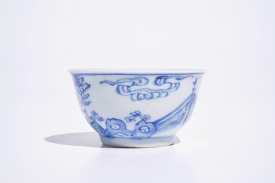 Zes blauw-witte Chinese koppen en schotels, Kangxi/Yongzheng
