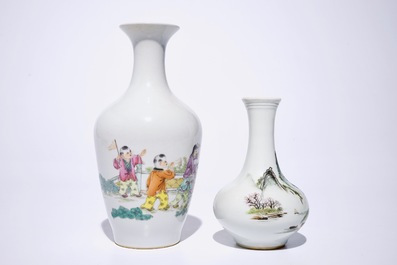 A Chinese famille rose vase with playing boys and a qianjiang cai landscape vase, 20th C