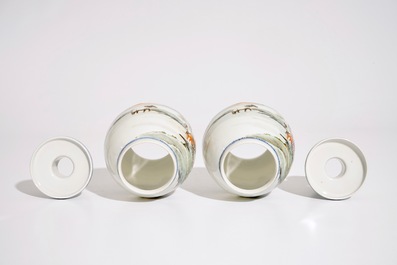 A pair of Chinese famille rose eggshell lanterns on stands, Republic, 20th C.