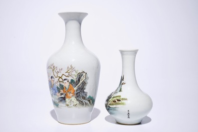 A Chinese famille rose vase with playing boys and a qianjiang cai landscape vase, 20th C