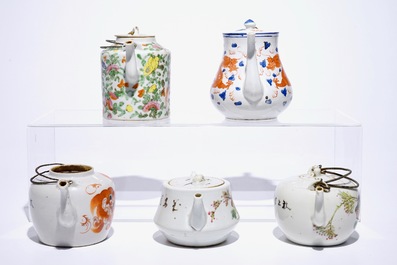 Five Chinese famille rose, iron red and qianjiang cai teapots, 19/20th C.