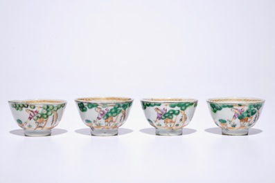 Four sets of Chinese famille rose cherrypickers cups and saucers, Qianlong