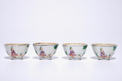 Four sets of Chinese famille rose cherrypickers cups and saucers, Qianlong