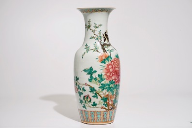 A Chinese famille rose vase with birds among peonies, 19th C.