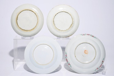A Chinese blue and white jug, a famille jaune vase and eight plates, 18/19th C.