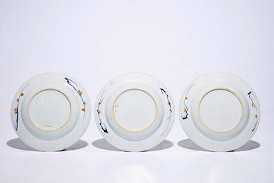 Three Chinese underglaze-decorated rose-imari plates with birds among blossoms, Yongzheng/Qianlong