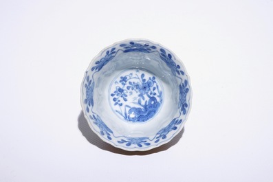 Six Chinese blue and white on capucin brown ground cups and saucers, Kangxi