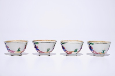 Four sets of Chinese famille rose cherrypickers cups and saucers, Qianlong
