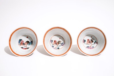 Three Chinese famille rose cups and saucers with roosters, Yongzheng