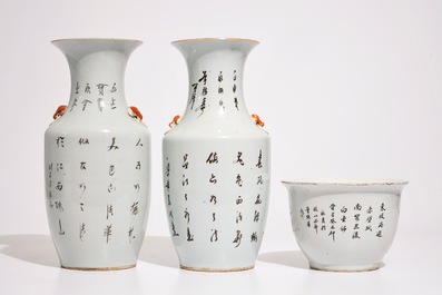 Four Chinese famille rose vases and a qianjiang cai flower pot, 19/20th C.