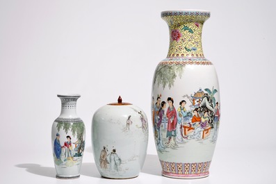 Two Chinese famille rose vases, a ginger jar and a plate, 19/20th C.