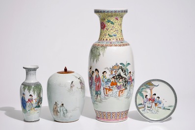 Two Chinese famille rose vases, a ginger jar and a plate, 19/20th C.