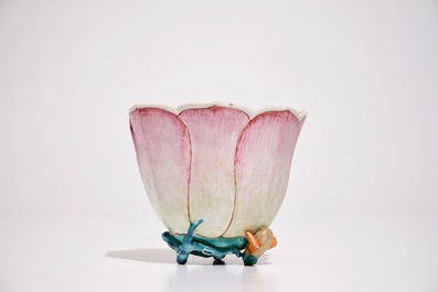 A large Chinese famille rose lotus-shaped cup on stand, Yongzheng