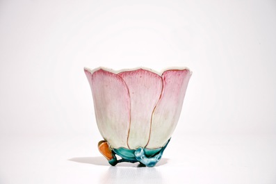 A large Chinese famille rose lotus-shaped cup on stand, Yongzheng