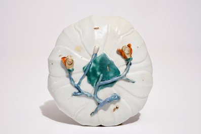 A large Chinese famille rose lotus-shaped cup on stand, Yongzheng