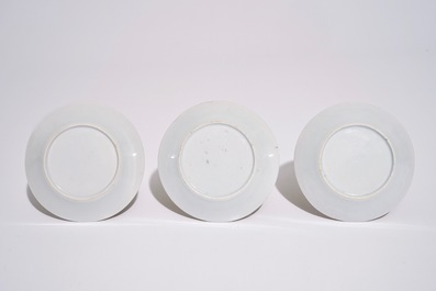 Three Chinese famille rose cups and saucers with roosters, Yongzheng