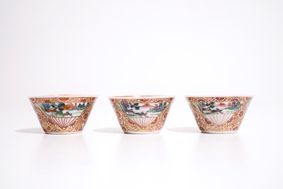 Three Chinese famille rose cups and saucers with roosters, Yongzheng