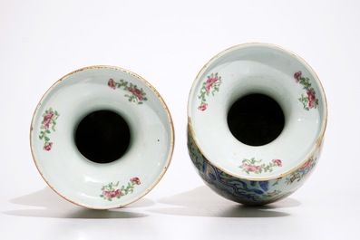 A pair of Chinese Canton famille rose on celadon ground vases, 19th C.