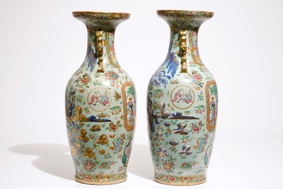 A pair of Chinese Canton famille rose on celadon ground vases, 19th C.