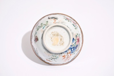 A Chinese famille rose cup and saucer with two egrets, Yongzheng