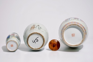Two Chinese famille rose vases, a ginger jar and a plate, 19/20th C.