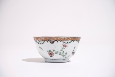 A Chinese famille rose cup and saucer with two egrets, Yongzheng