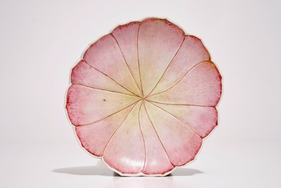 A large Chinese famille rose lotus-shaped cup on stand, Yongzheng